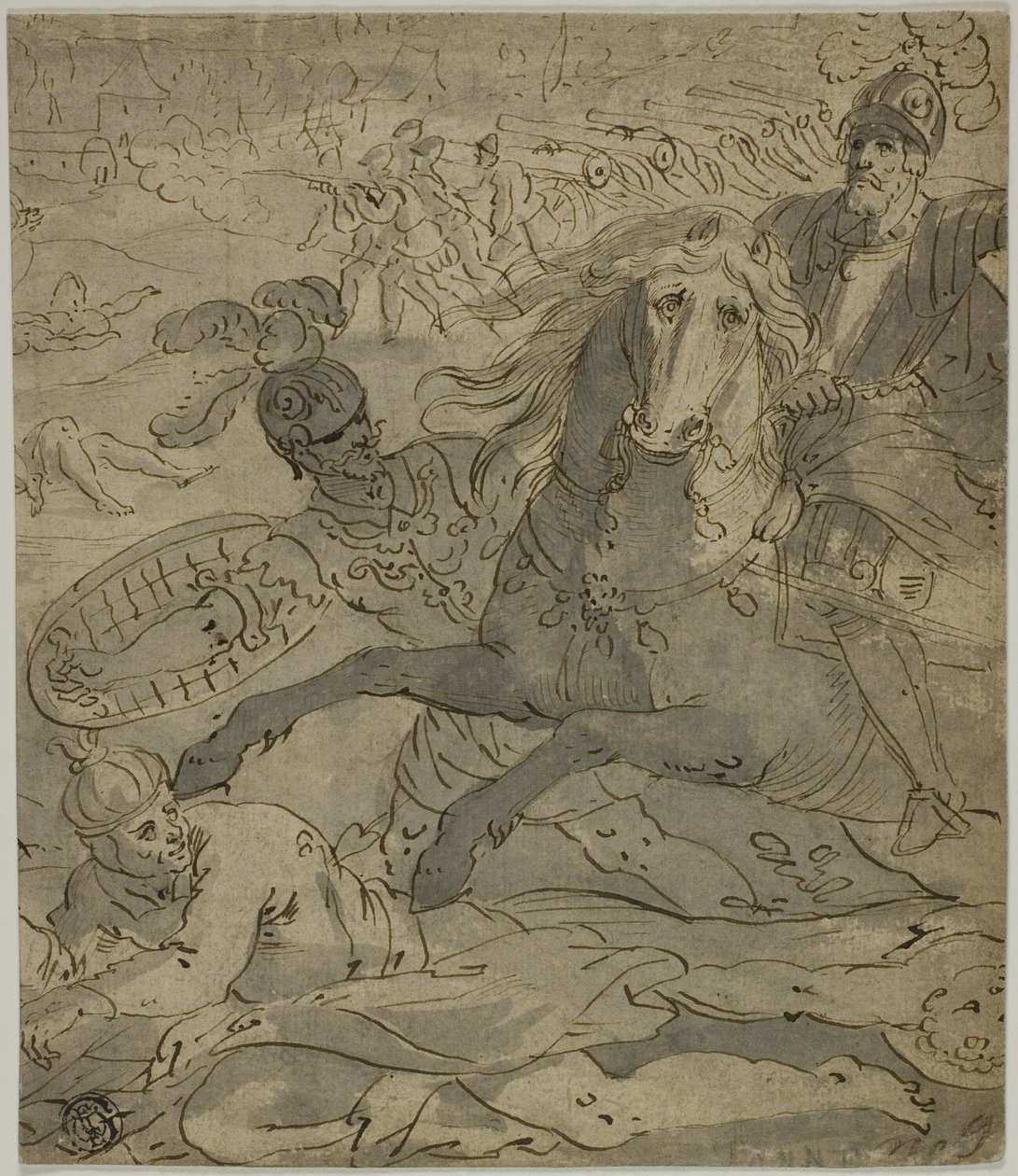 Kampscene med opladningsgeneral til hest i forgrunden, artilleri og kanoner i baggrunden af Unknown artist