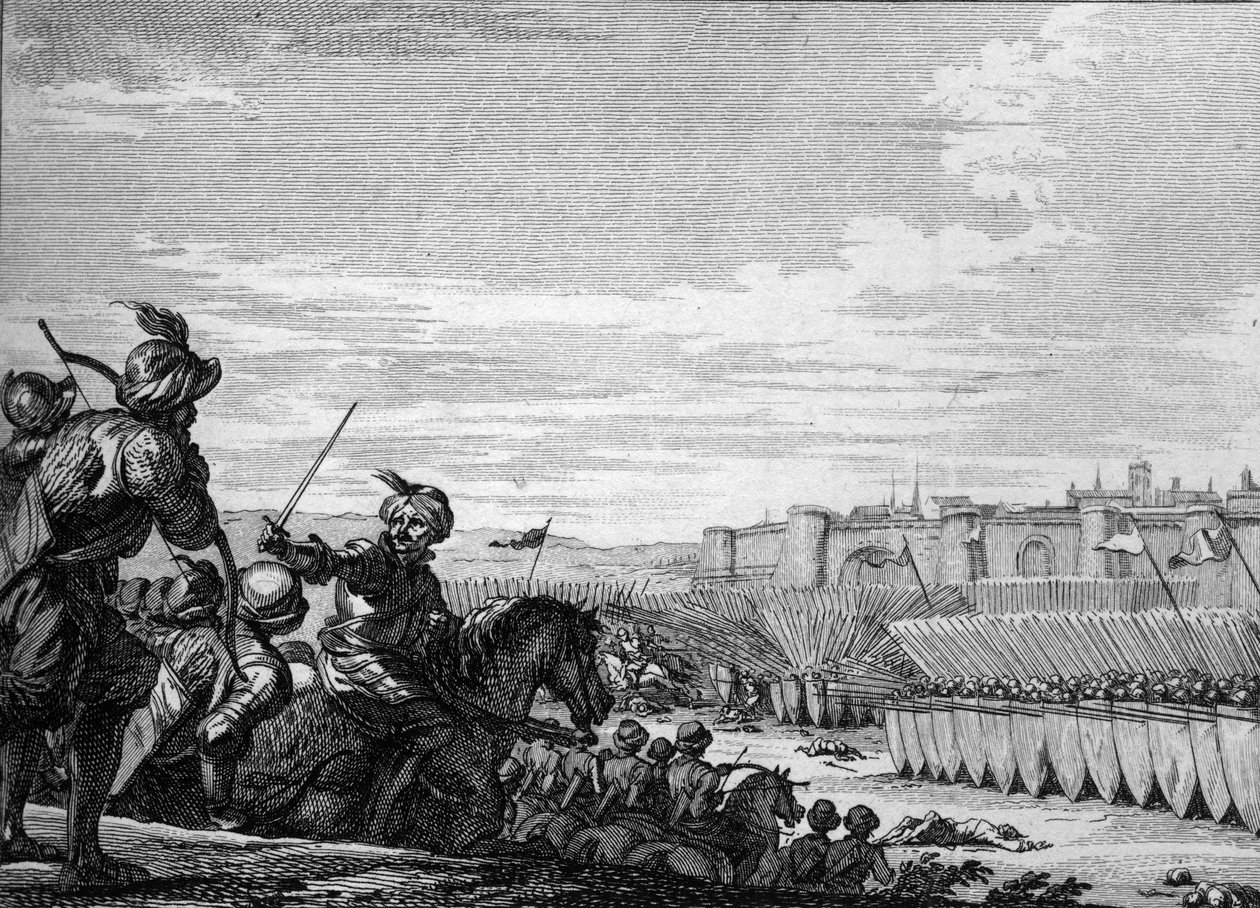 Slaget ved Poitiers mellem Charles Martels og saracenernes hær, 732. Indgravering af det 18. århundrede. af Unknown artist