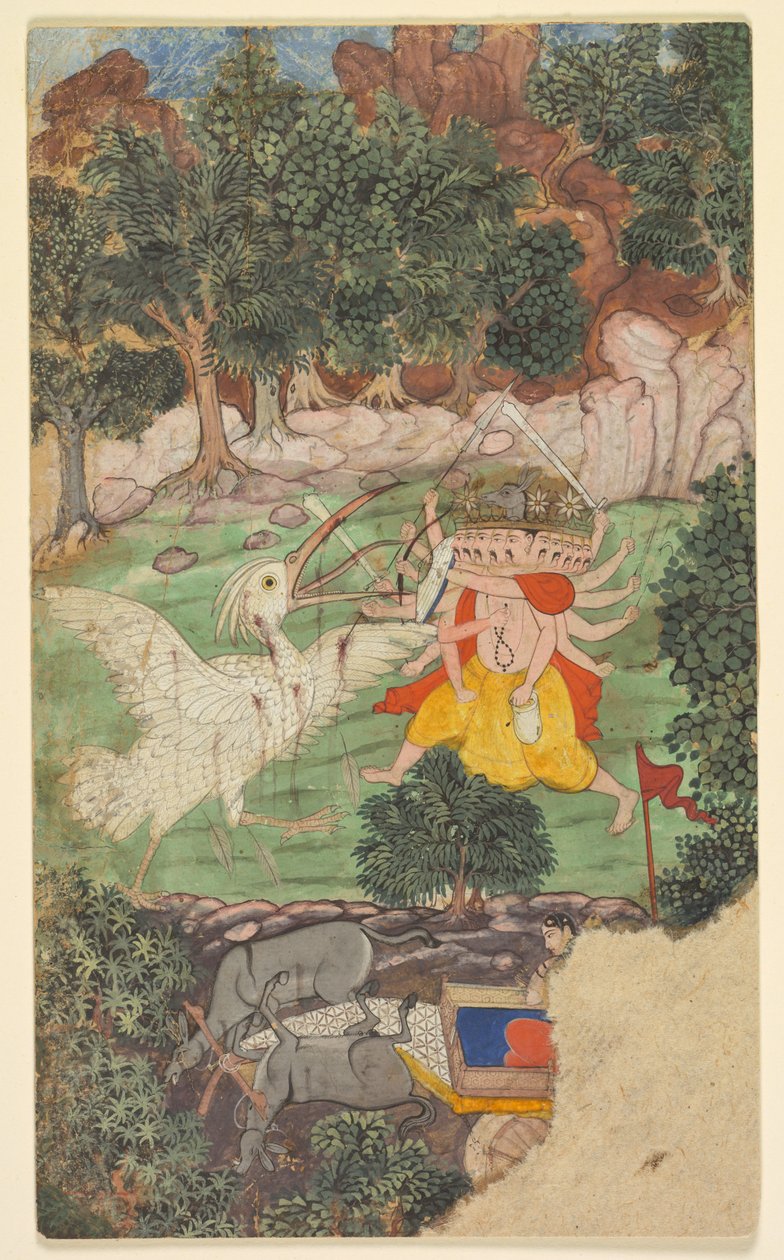 Slaget ved Ravana og Jatayu, fra sarga (kapitel) 49 af Aranya-kanda (Skovens Bog) fra en Ramayana (Ramas rejse) af Valmiki (indisk, aktiv ca. midten af 1000-tallet f.Kr.) af Unknown artist