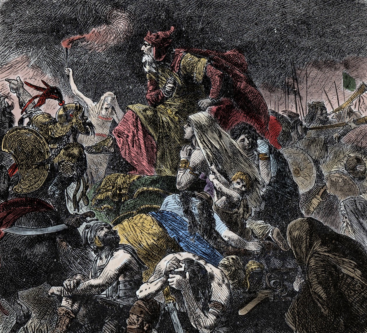 Slaget ved Catalaunique Fields, hvor romerne, frankerne og vestgoterne genforenede bragte attilas huns og østgoterne i nærheden af Troyes, daggry - barbariske invasioner - (slaget ved de catalanske sletter eller slaget ved Chalon eller slaget ved Maurica f af Unknown artist