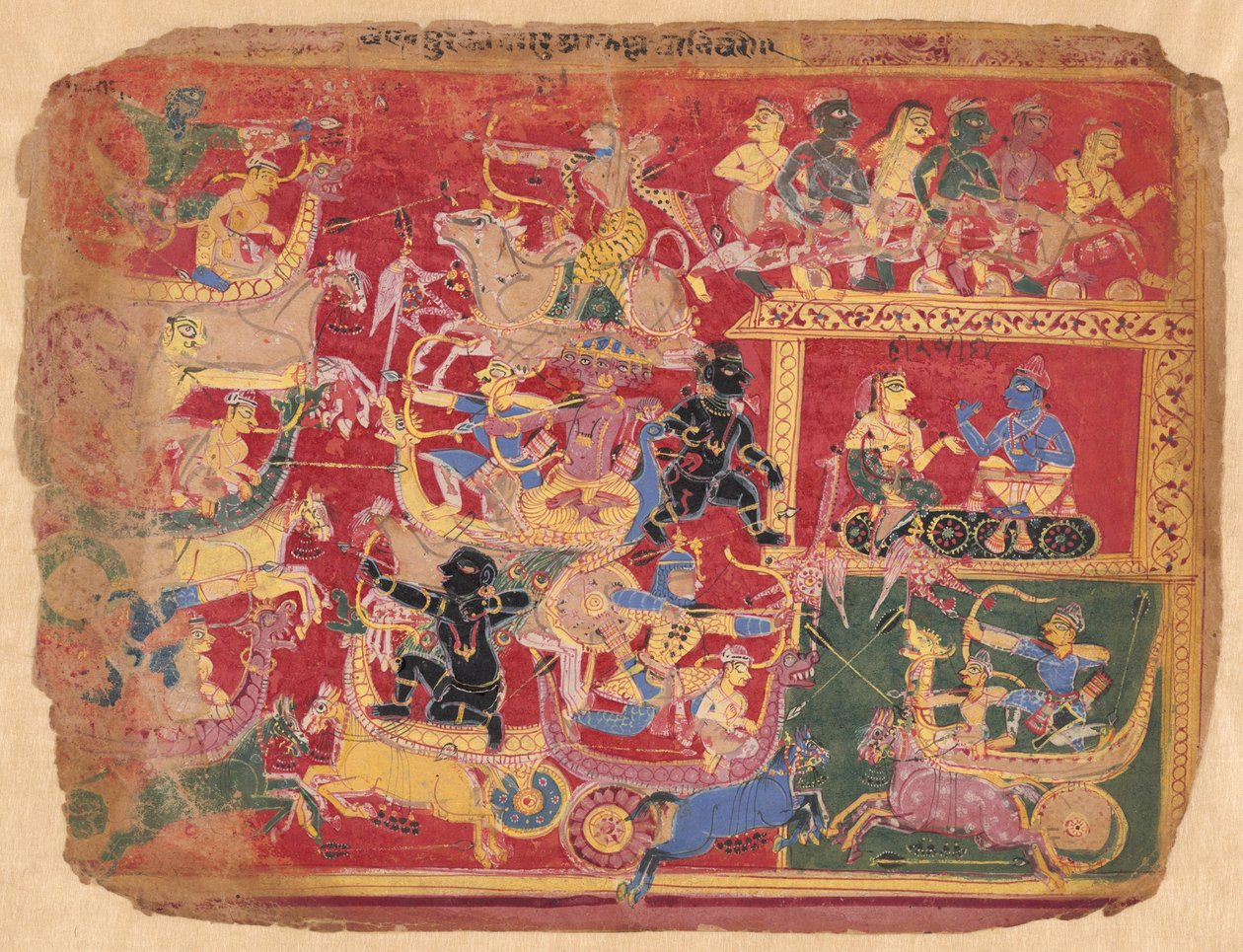 Slaget mellem Krishnas og Banas styrker, fra en kopi af den spredte Bhagavat Purana af Unknown artist