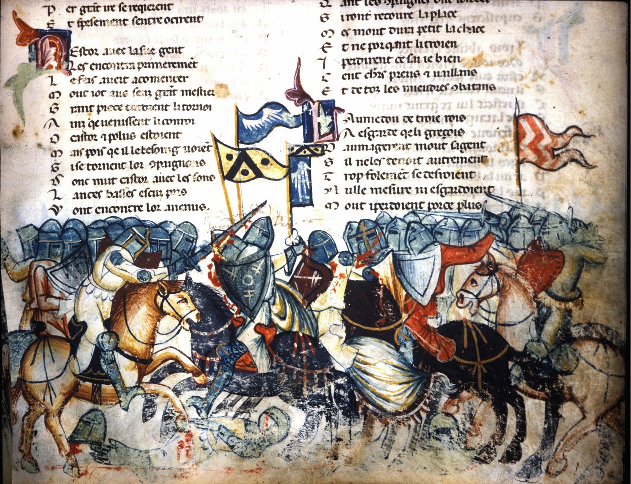 Kampscene. Miniature af "Roman de Troy"" af Benoit de Saint Maure. Biblioteca Marciana fra det 14. århundrede, Venedig af Unknown artist