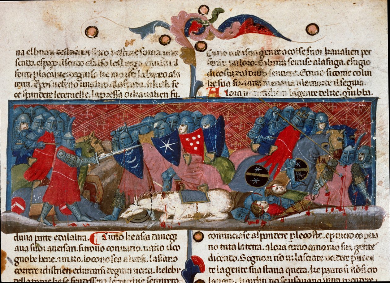 Slagscene, panserkrigere, der støder hinanden Detalje af en manuskriptside "The Facts of the Romans"" (Ms. 1538) omkring 1340 Firenze, Biblioteca Riccardiana af Unknown artist