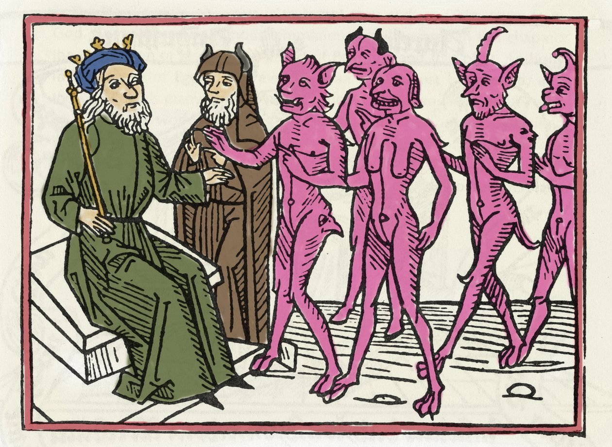 Belials retssag: "Belial-dæmonen ledsaget af fire andre dæmoner er til stede for dommer Solomon" "Gravering fra "The Belial-processen"" af Jacobus de Teramo (eller Palladino), Ausburg af Unknown artist