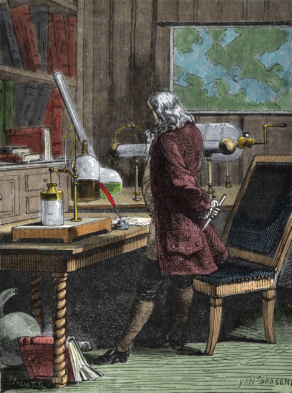 Benjamin Franklin (1706-1790), filosof, fysiker og amerikansk ambassadør i sit laboratorium i Philadelphia. af Unknown artist
