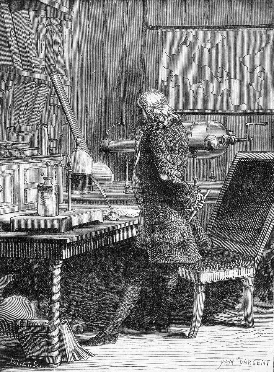 Benjamin Franklin, amerikansk politiker og fysiker (1706-1790) i sit fysiklaboratorium i Philadelphia - gravering af Unknown artist