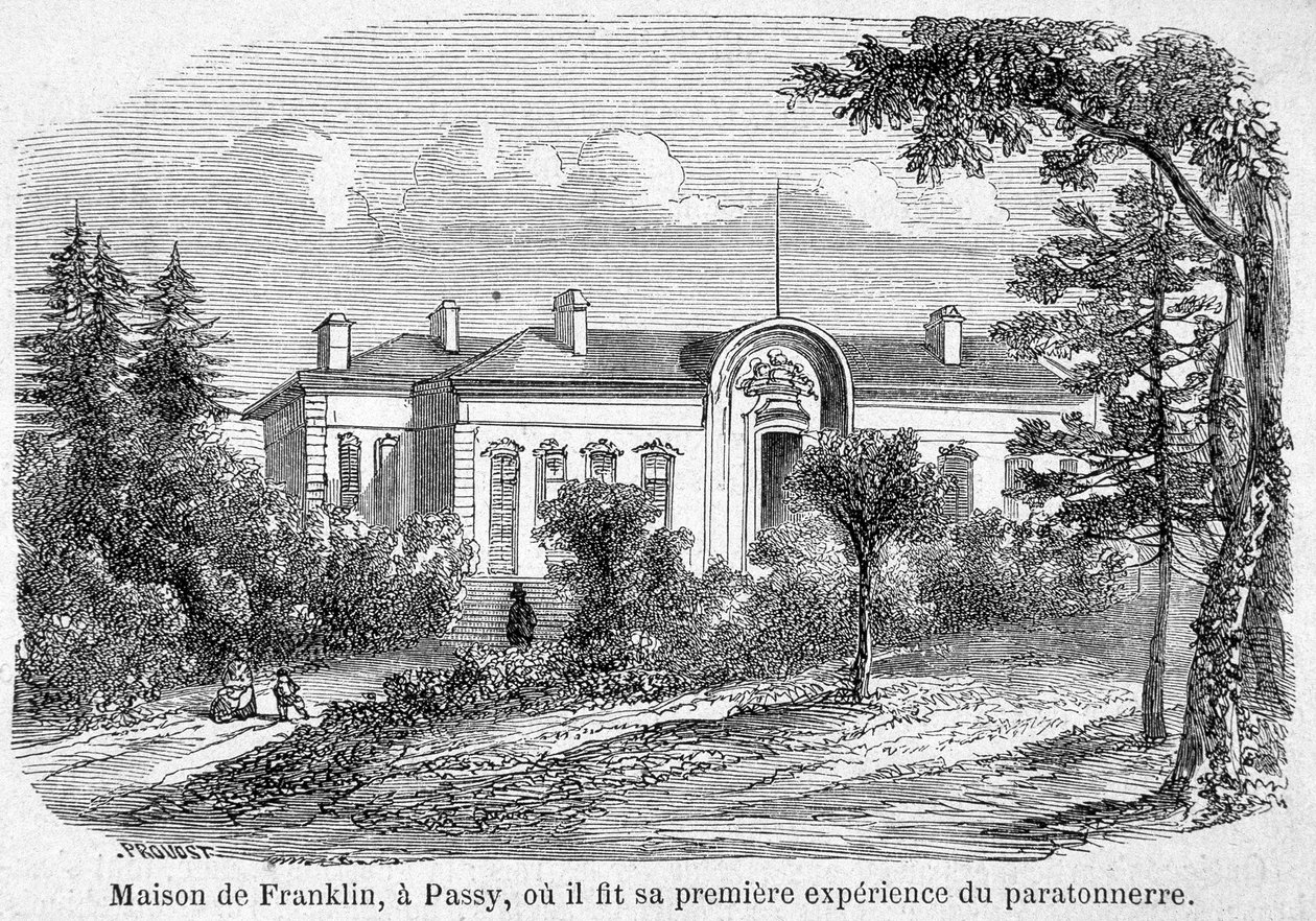 Benjamin Franklins hus i Passy, hvor han gjorde sin første oplevelse med lynafleder - gravering af Unknown artist