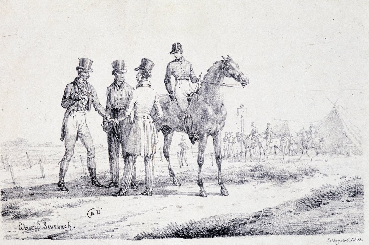 Sats på kanten af væddeløbsbanen med en jockey til hest - litografi, deb. 19. århundrede af Unknown artist