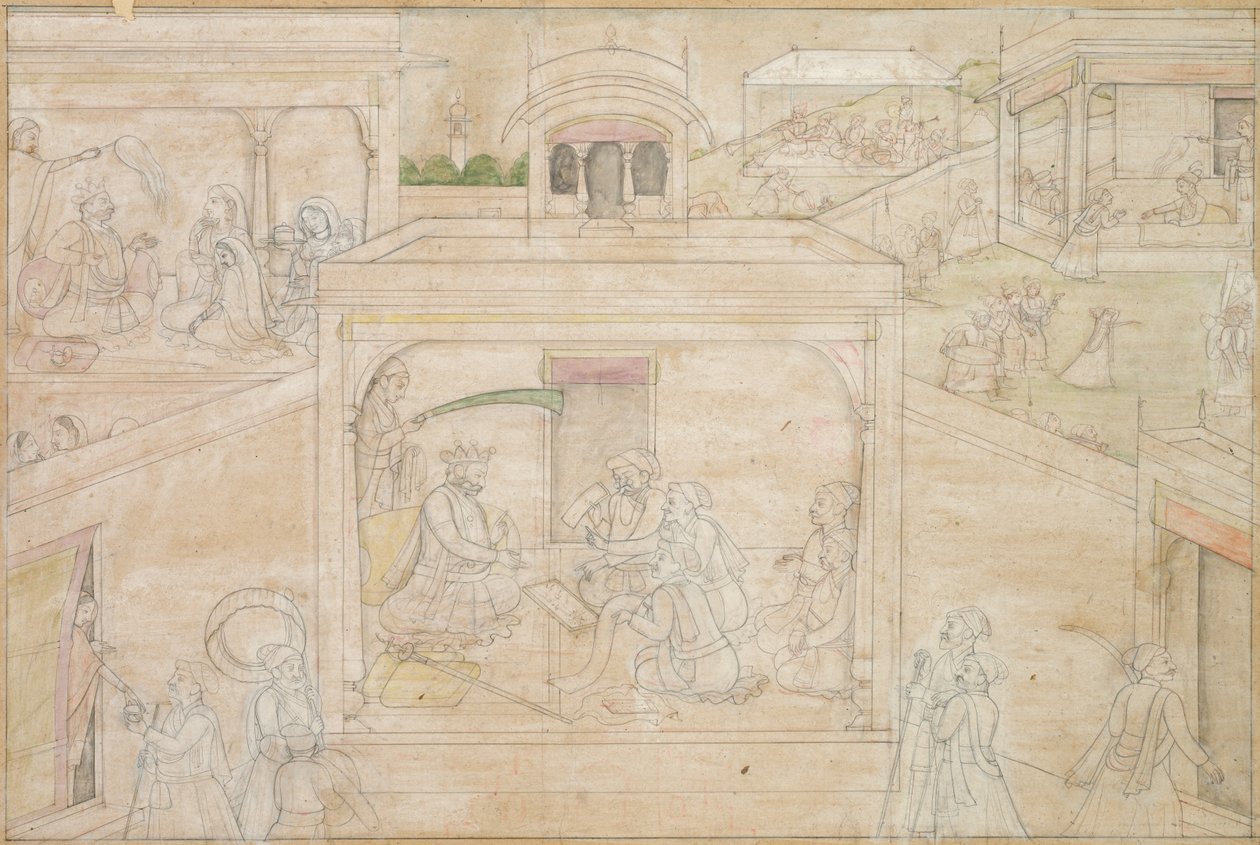 Bhimas konsultation med astrologen: Scene fra Nala-Damayanti-tegningerne af Unknown artist