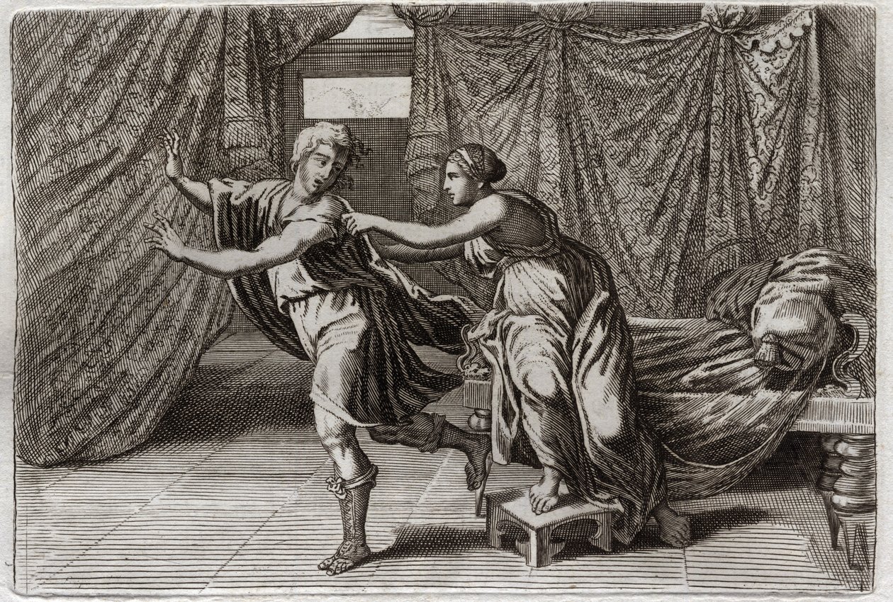 Bibelen fra Royaumont, Det Gamle Testamente: Josephs kyskhed. Josef blev anmodet af Putifars hustru (Potifar) og sat i fængsel. Illustration fra 1811. af Unknown artist