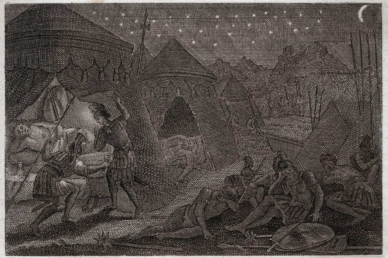 Bible of Royaumont, Det Gamle Testamente: David redder Saul. David har Saul i sine hænder, men han gør ham ikke ondt. Han tager bare spydet og sin kop. Illustration fra 1811. af Unknown artist