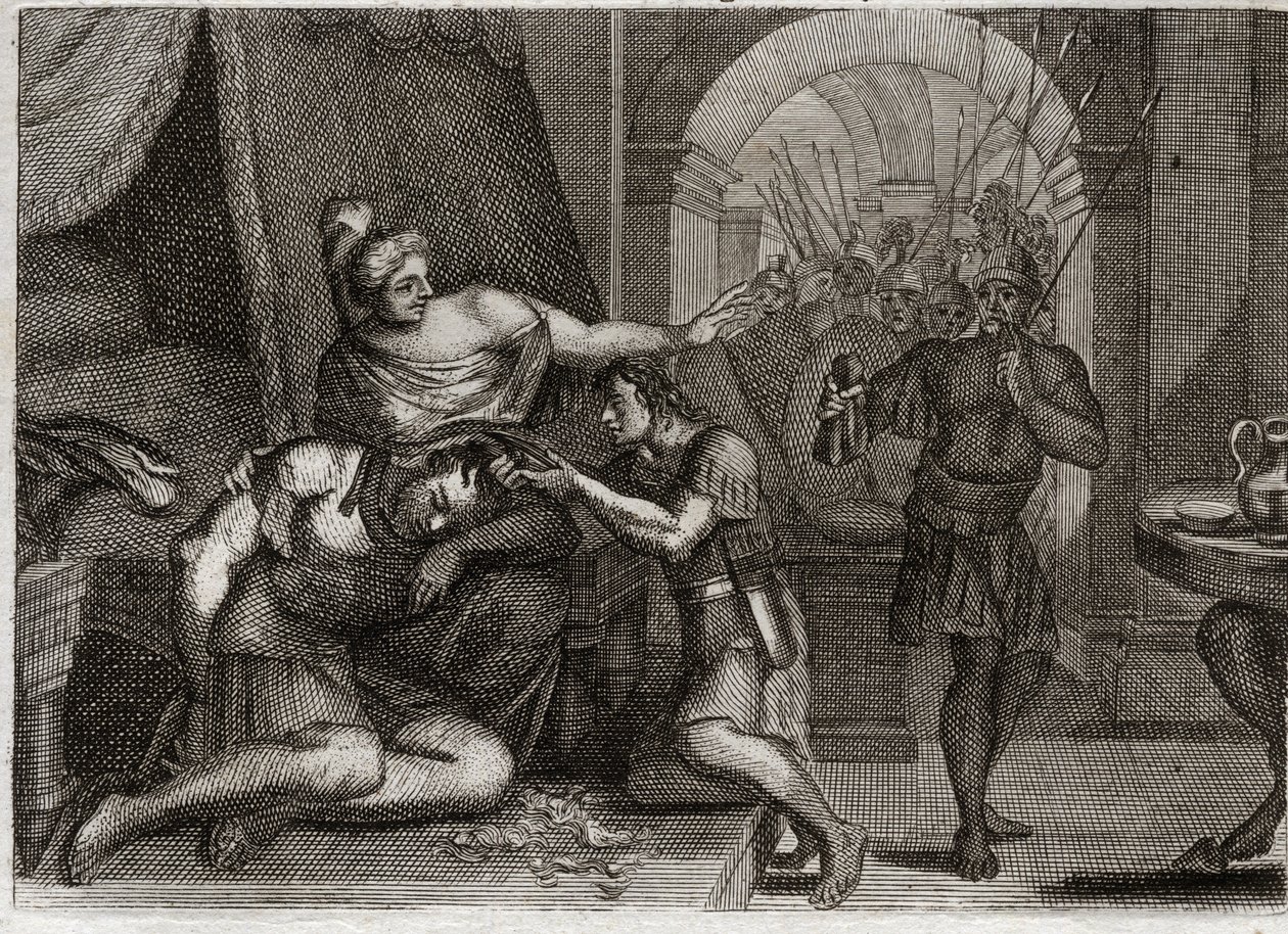 Bible of Royaumont, Det Gamle Testamente: Samsons død. Samson opdager Dalila, at hendes styrke var i hendes hår. Hun klipper hans hår og bringer filistersoldaterne ind i rummet. Illustration fra 1811. af Unknown artist