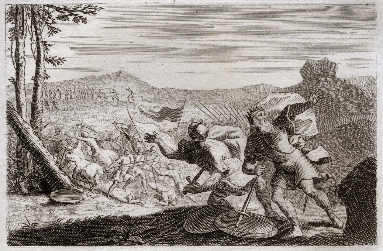 Bible of Royaumont, Gamle Testamente: Sauls nederlag. Sauls hær blev besejret af filistrene. Hans tre børn blev dræbt der, og efter at være blevet hårdt såret i kamp, dræbte han sig selv. Illustration fra 1811. af Unknown artist