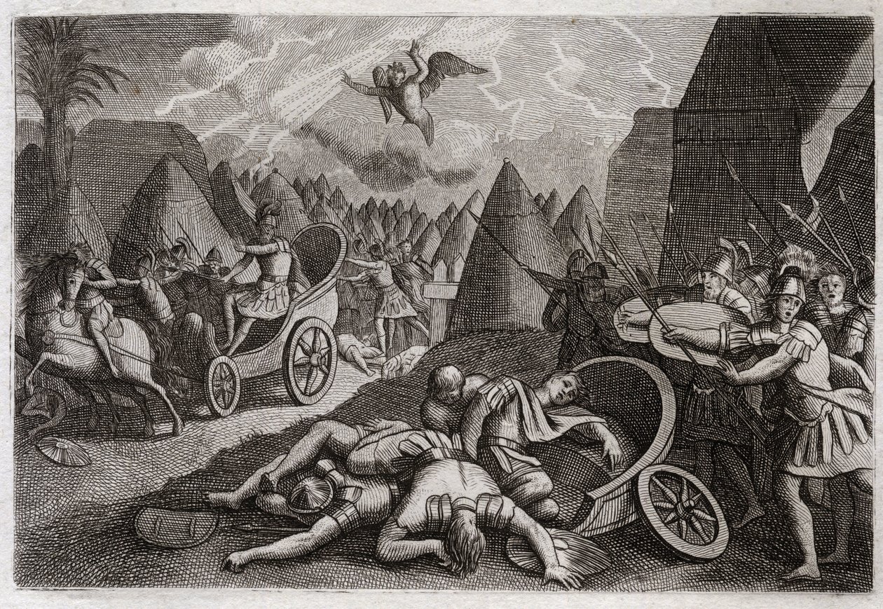 Bible of Royaumont, Gamle Testamente: Sankeribs nederlag. Gud besejrede Sankeribs (Sankerib) hær til fordel for kong Ezekias ved en engel, som dræbte hundrede og femogfirs tusinde mænd på en nat. Illustration fra 1811. af Unknown artist