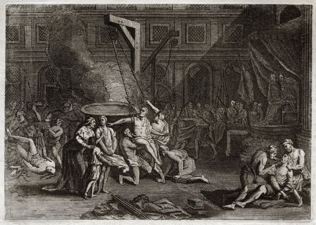 Bible of Royaumont, Det Gamle Testamente: Machabæernes martyrium. De syv makkabæerbrødre bliver martyrdøden i stedet for at forråde deres egen tro. Illustration fra 1811. af Unknown artist