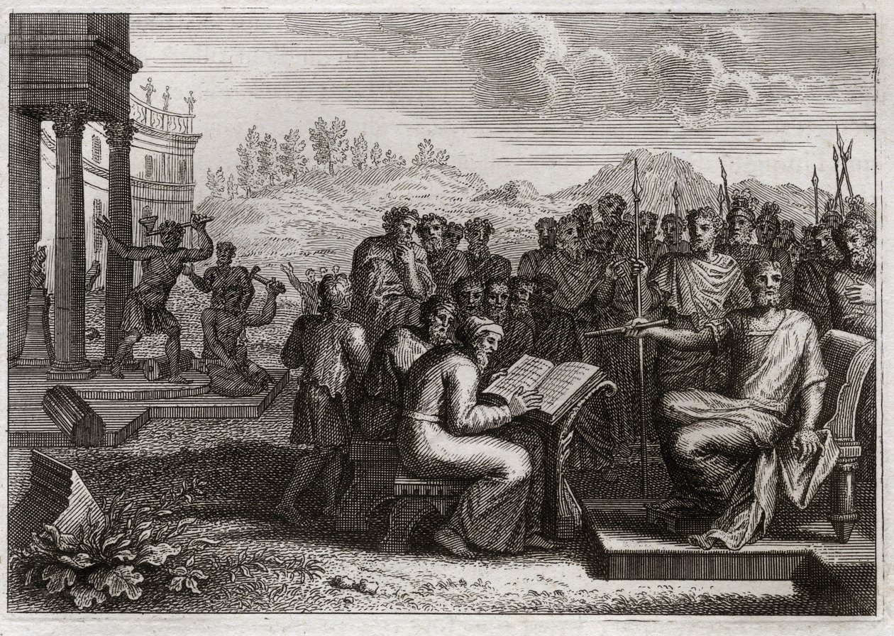 Bible of Royaumont, Gamle Testamente: Piete of Josias. Josias, Judas konge, genopretter tilbedelsen af Gud i sit rige, og passerer alle konger sine forgængere i kraft. Illustration fra 1811. af Unknown artist