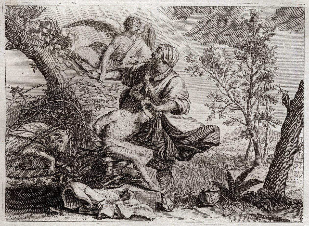 Bible of Royaumont, Gamle Testamente: Abrahams offer. En engel holder Abrahams hånd før hans søn Isaks ofring. Til venstre vil den belier Abraham dræbe i stedet. Illustration fra 1811. af Unknown artist