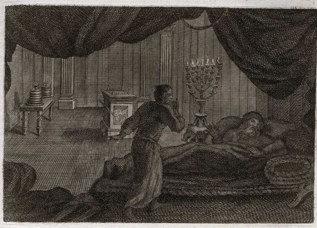 Bible of Royaumont, Gamle Testamente: Samuel giver Heli. Anne (Hannah) helligede lille Samuel til Herren og gav den til ypperstepræsten Heli. Samuel, som hører Herrens stemme kalde på ham midt om natten, tror, at dette er hans mentor, c. af Unknown artist