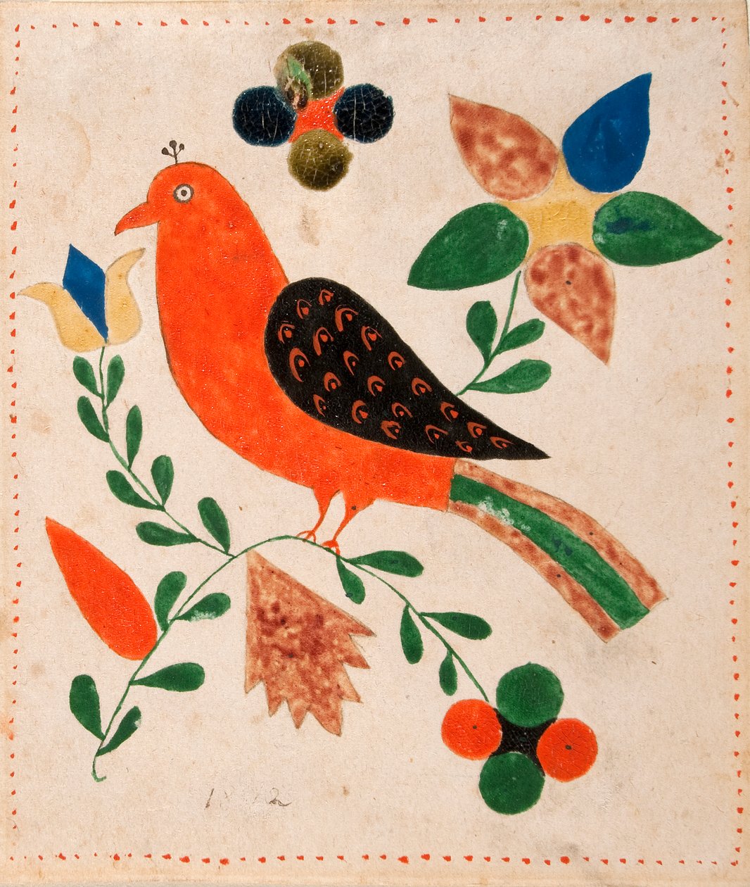 Fugl vender mod venstre på blomstrende kvist af Unknown artist