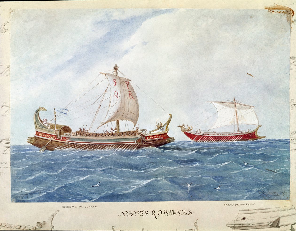 Bireme-typegalleri under den romerske republik (Akvarel af Unknown artist