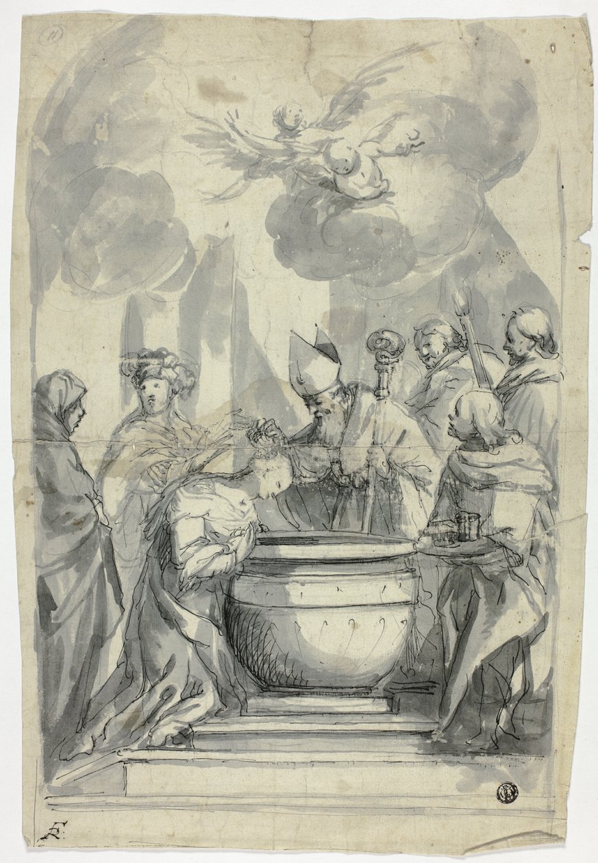 Biskop salver kvindelig helgen af Unknown artist