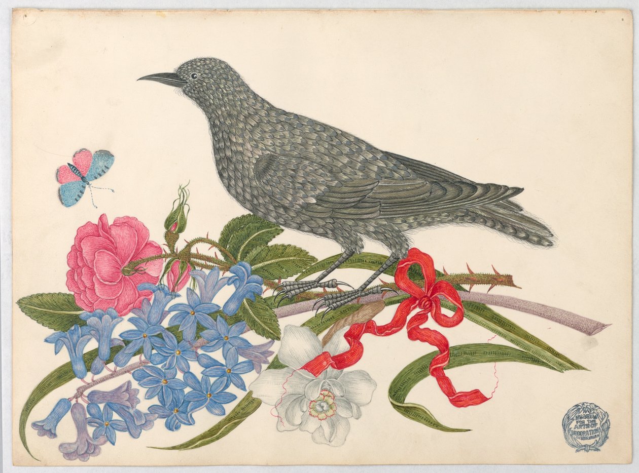 Sort fugl med blomster, sommerfugl og rødt bånd af Unknown artist