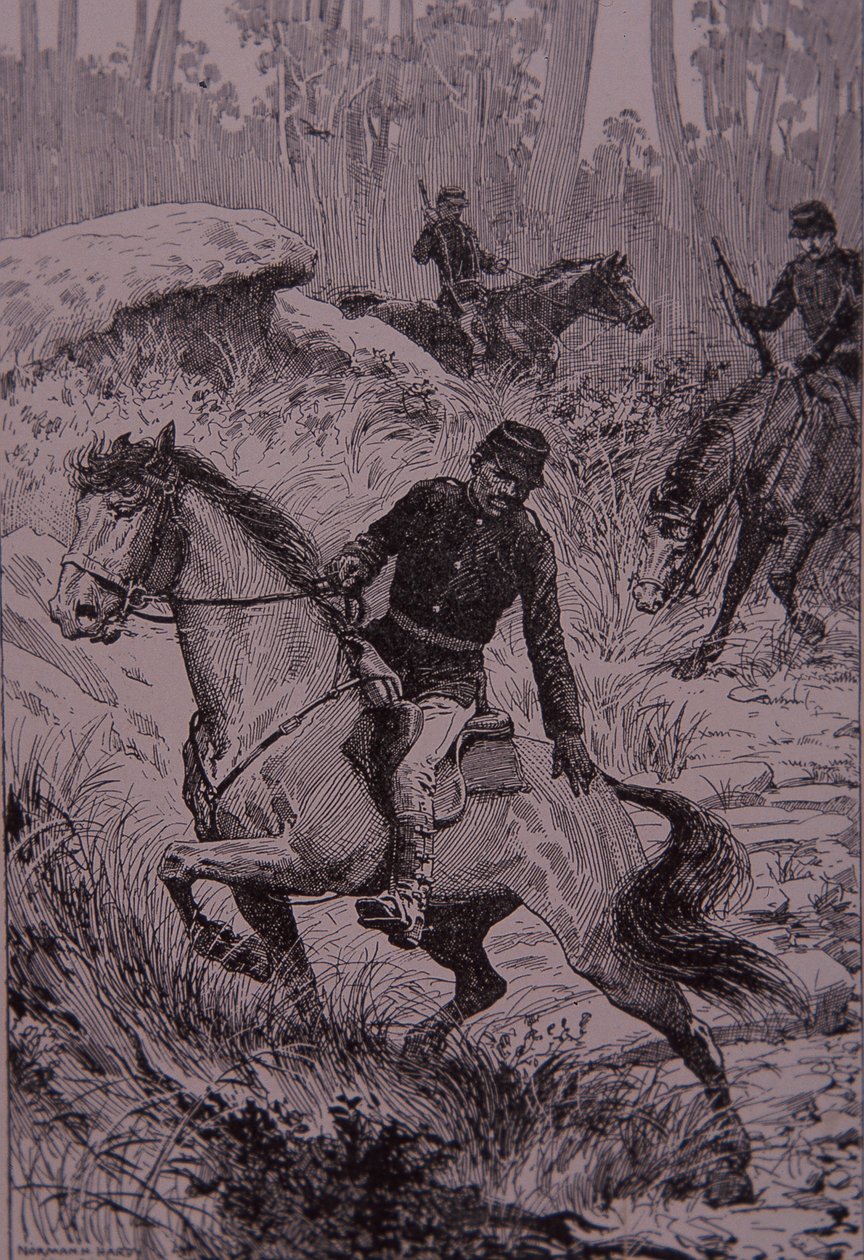Sorte sporere, der forfølger bushrangere i Australien (gravering) af Unknown artist