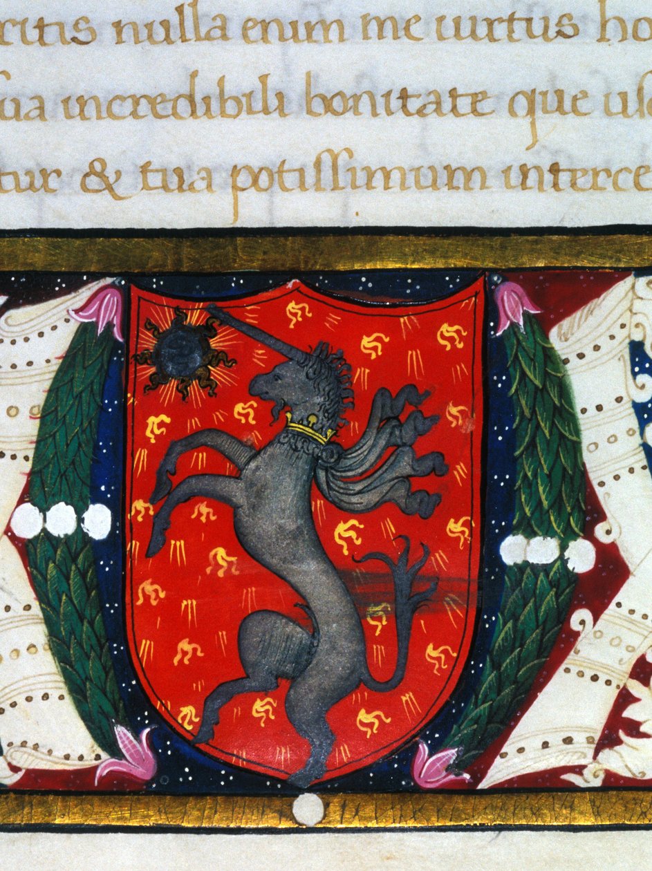 Blazon dekorerer en enhjørning, en stjerne på en rød baggrund. Detalje af en miniature. 14. århundrede af Unknown artist