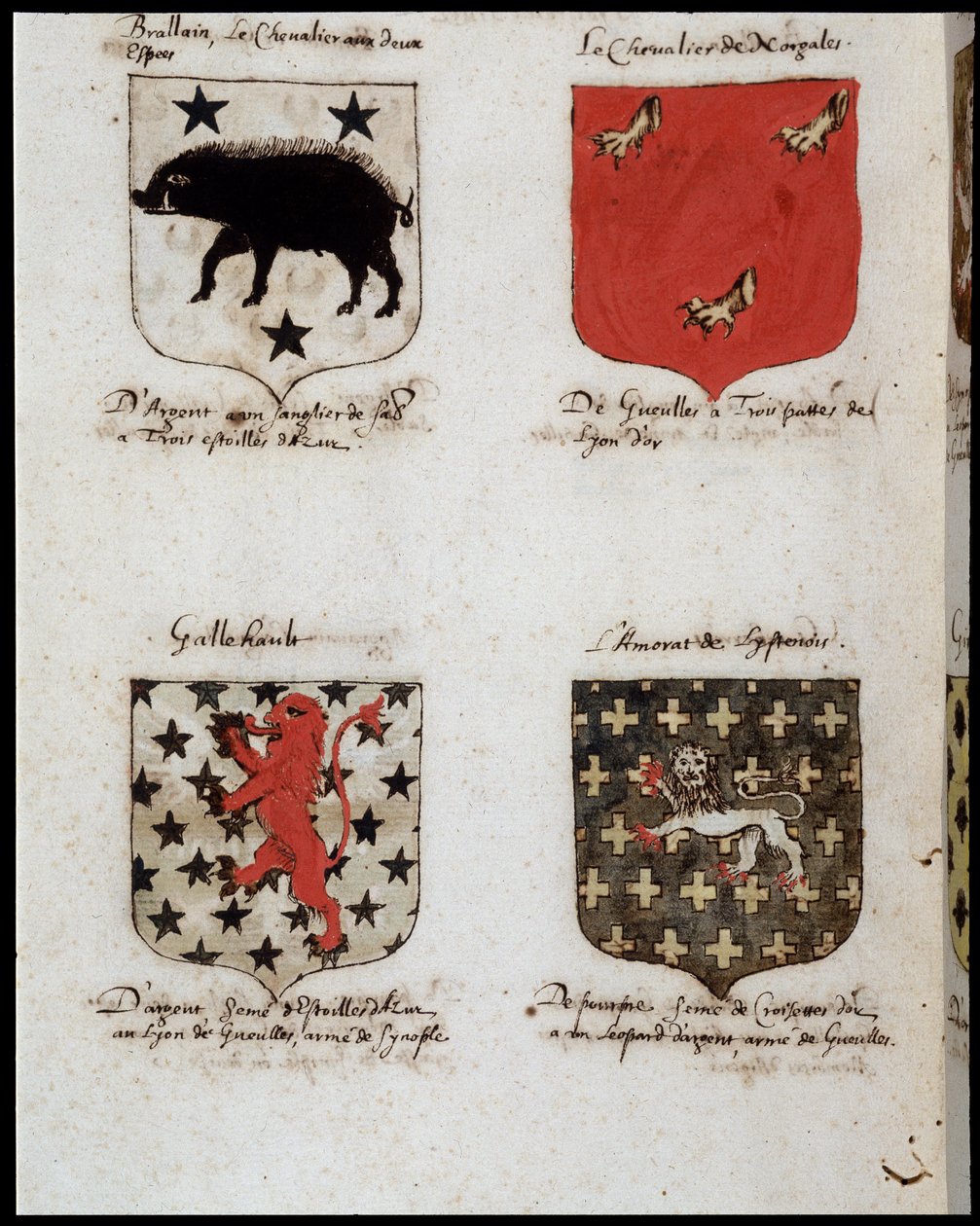 Blazoner af riddere af det runde bord: 1. Brallain, ridderen med to gynger, 2. Ridderen af Norgales, 3. Gallehault, 4. Amorate af Lystenois. sd. 19. århundrede. af Unknown artist