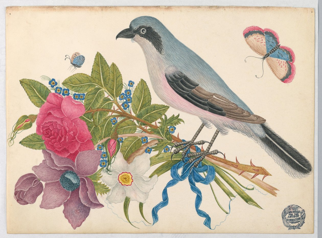 Blå fugl på buket roser og tulipaner, med sommerfugle af Unknown artist