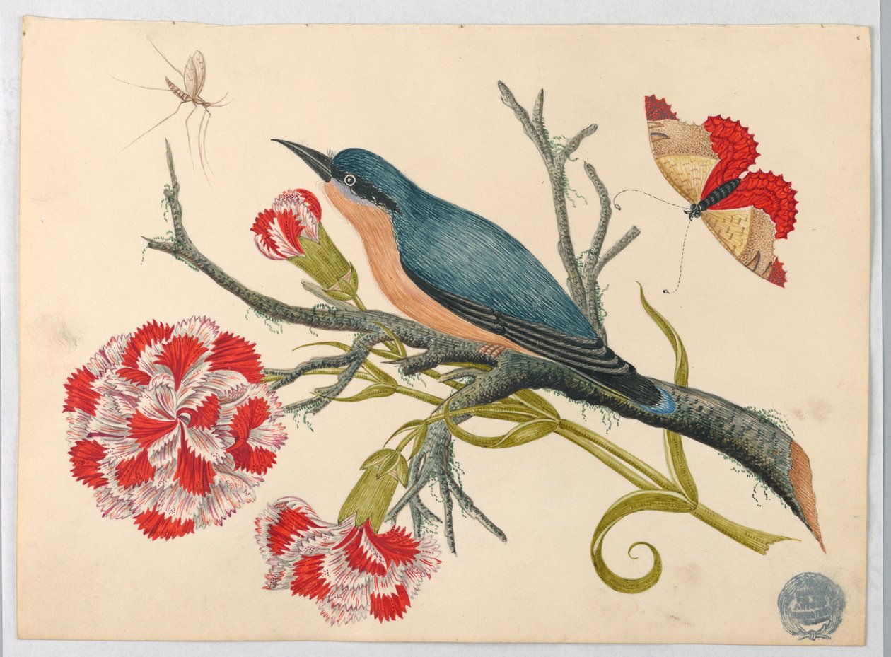 Blå fugl på gren med nelliker og insekter af Unknown artist