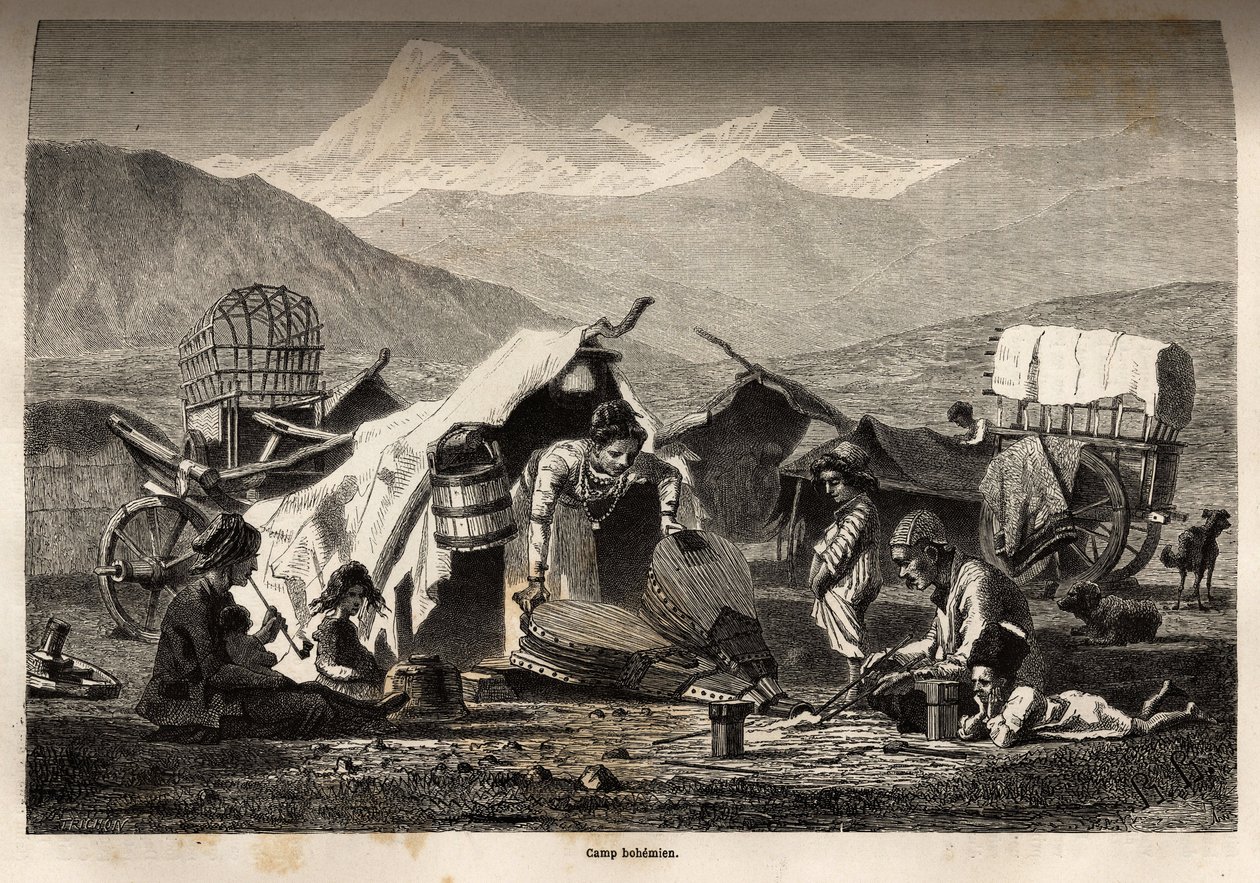 Bohemelejr. Gravering til illustration af rejsen i Kaukasus-provinserne, af Basile Vereschaguine, i 1864-1865, offentliggjort i "" Le tour du monde, nouveau journal des voyages"", redigeret af Edouard Charton af Unknown artist