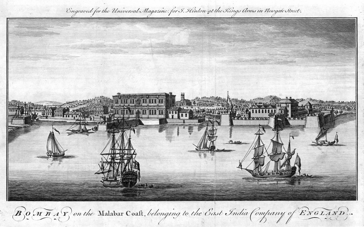 Bombay, Englands East India Companys havn på Malabarkysten i Indien, med Company handelsskibe i forgrunden og kajens pakhuse og bygninger bagved. Kobberstik, London af Unknown artist