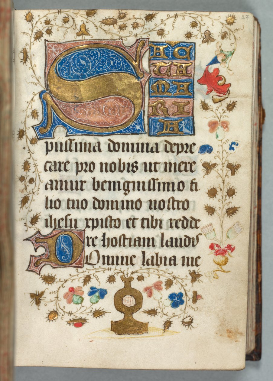 Timebog (Brug af Metz): Fol. 27r, dekorerede initialer af Unknown artist
