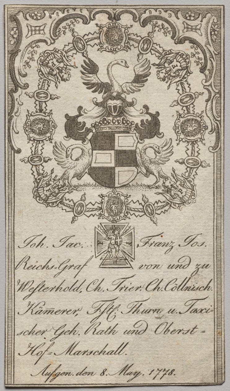 Bogplade: Johan. Jac. Franz-Joseph, Reichs-Graf von Westerhold af Unknown artist