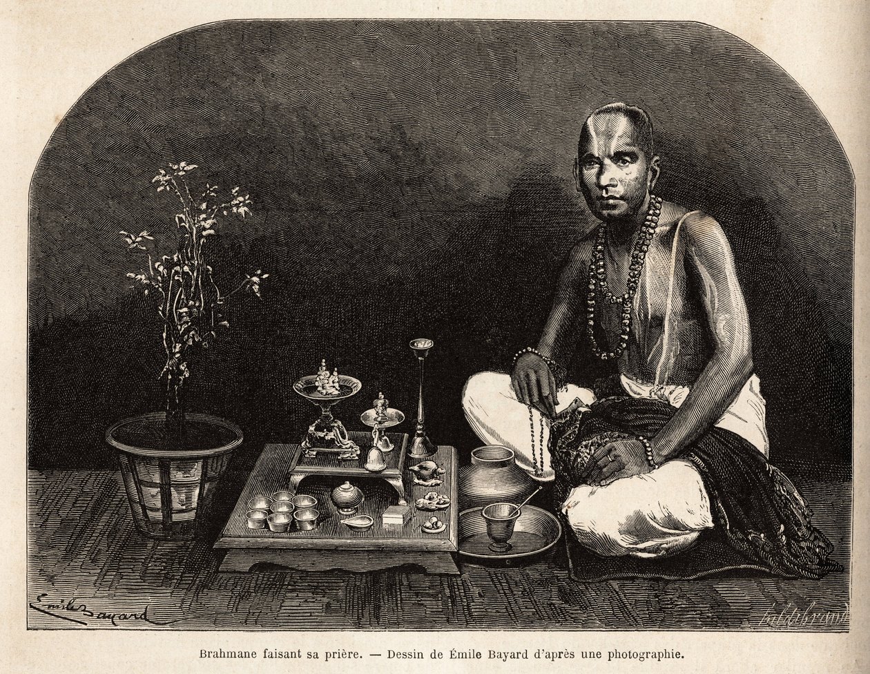 Brahmane knæler foran offeralteret og beder. Gravering til illustration af rejsen i Indiens meridionalprovinser, af Alfred Grandidier, i 1862-1864, udgivet i "" le tour du monde", redigeret af Edouard Charton, Hachette, Paris 1869.Selva C af Unknown artist