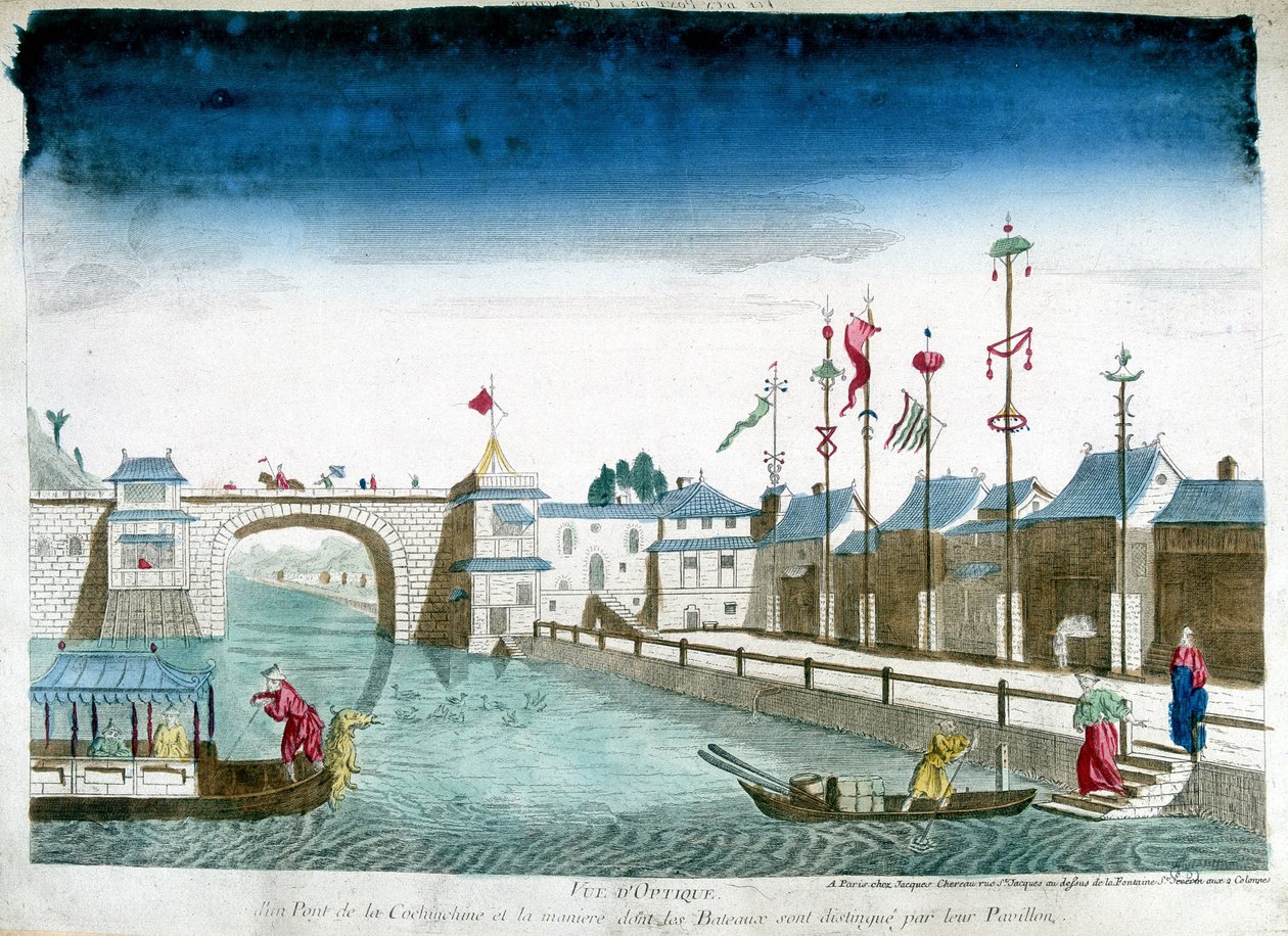 Cochinchinebroen og bådene er kendetegnet ved at forlade pavillonerne. Stik fra slutningen af 1700-tallet af Unknown artist