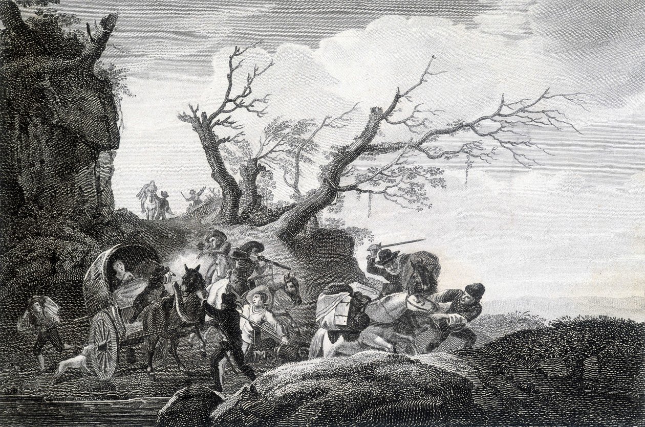 Brigander angriber rejsende på en landevej. Indgravering af en anonym fra det 18. århundrede. af Unknown artist