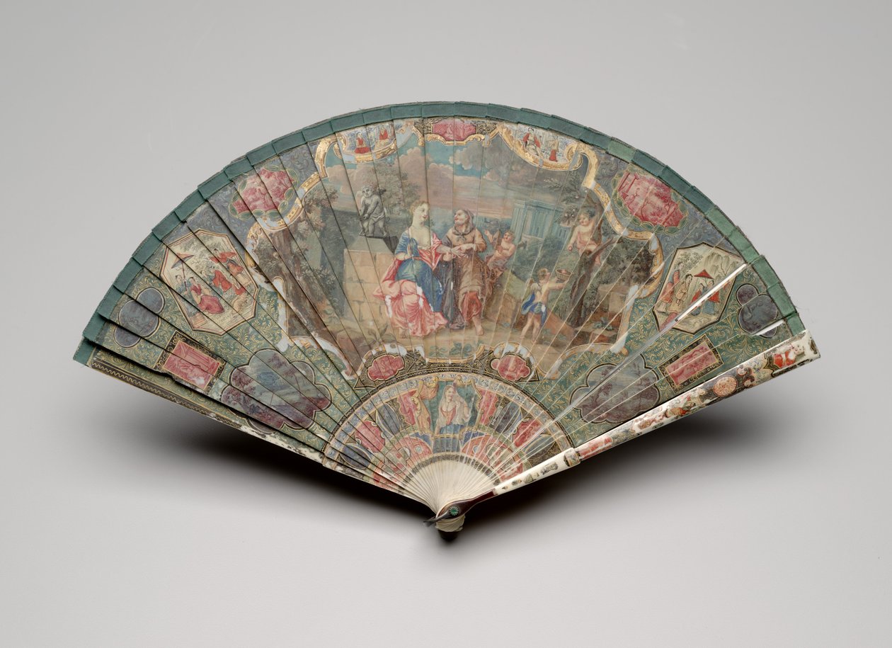 Brisé-vifte med spåkone og chinoiserie-motiver, ca. 1700-25 (gouache på elfenbensblade, silkebånd, skildpadde, klistret ædelsten og messingløkke) af Unknown artist