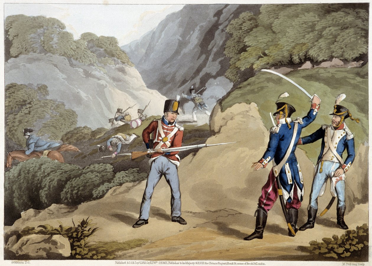 Britisk soldat fangede to franske officerer i slaget ved Pyrenerne - i "Historiske, militære og flådeanekdoter..." af Edward Orne af Unknown artist