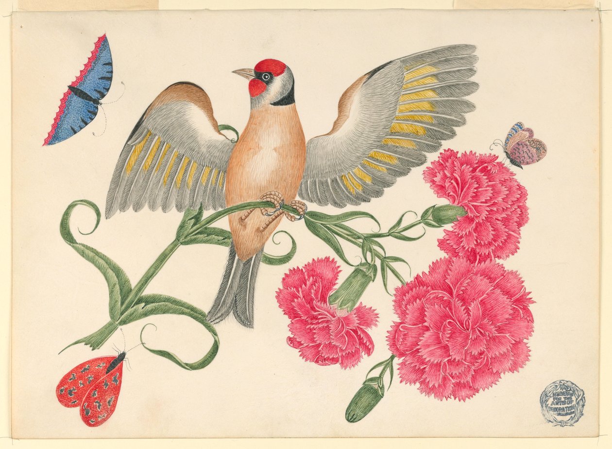 Brun fugl med rødt hoved på nellikestængel med sommerfugle af Unknown artist