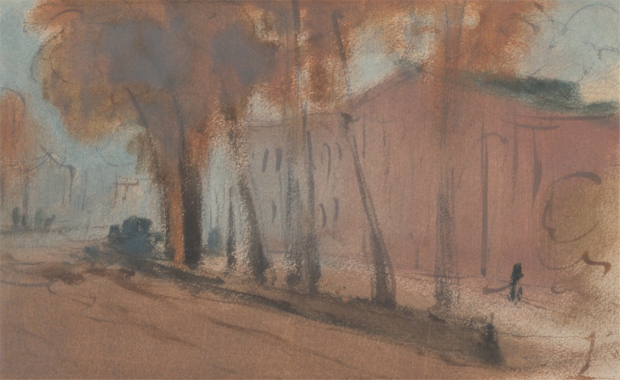 Bygning med træer af Unknown artist