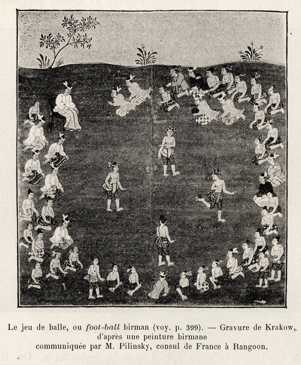 Burmesisk fodbold eller boldspil. Gravering af Krakow til illustration af historien "Femten dage i Burma", af E.Cavaglion, i 1886, i Le tour du Monde 1892, instrueret af Edouard Charton (1807-1891), Hachette, Paris. af Unknown artist