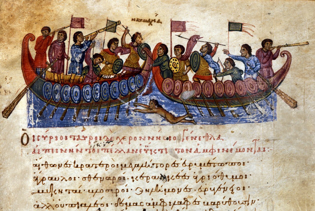 byzantinsk søslag. En overfaldssvømmer angriber fjendens skib. Manuskript fra det 11. århundrede. Venedig, bibl. Marciana. af Unknown artist