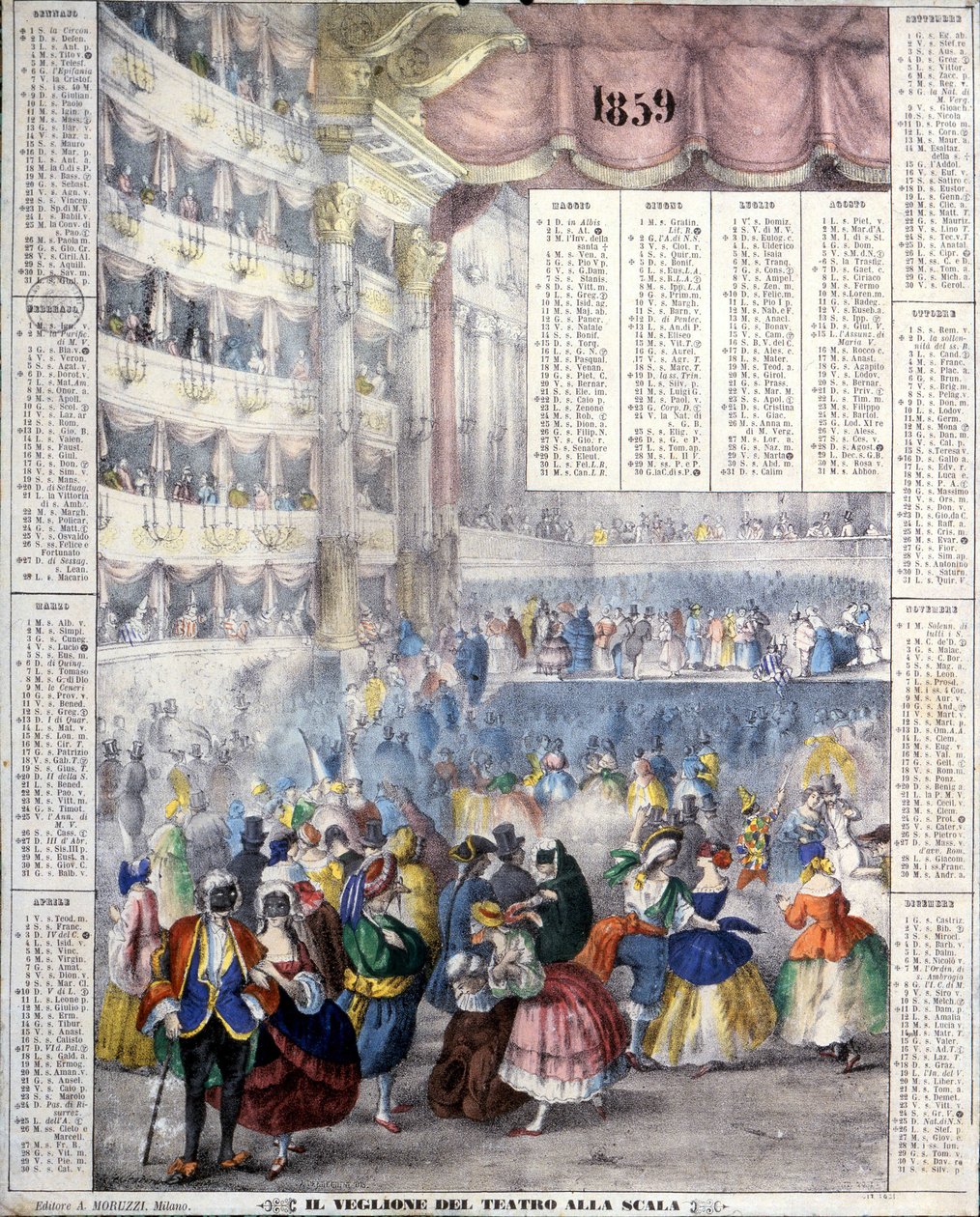 Kalenderen for 1859 repræsenterer en karnevalsaften i Teatro alla Scala i 1859. af Unknown artist