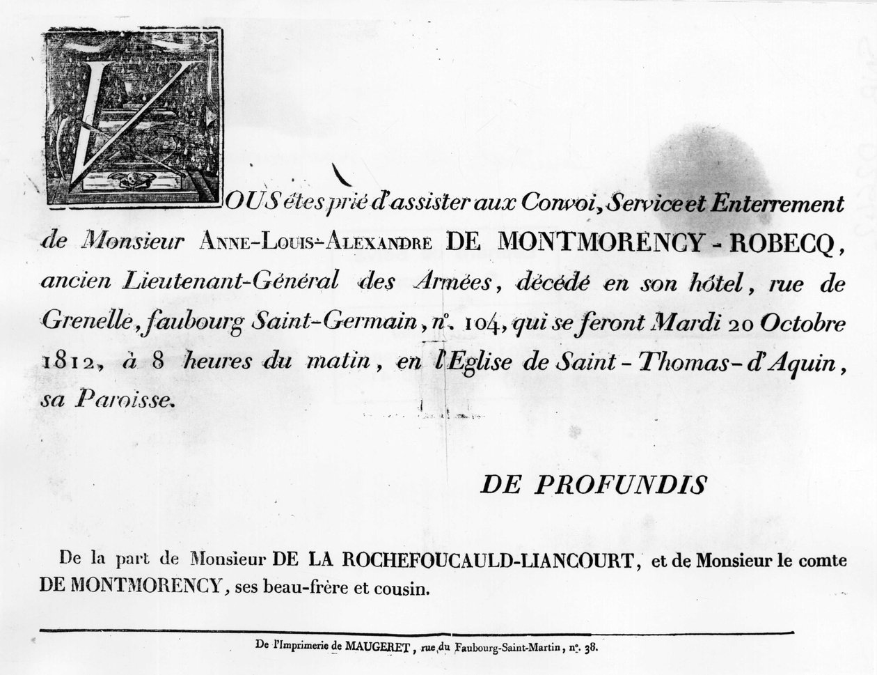 Indkaldelse til begravelse af Alexandre de la Rochefoucauld - Familiearkiver. af Unknown artist