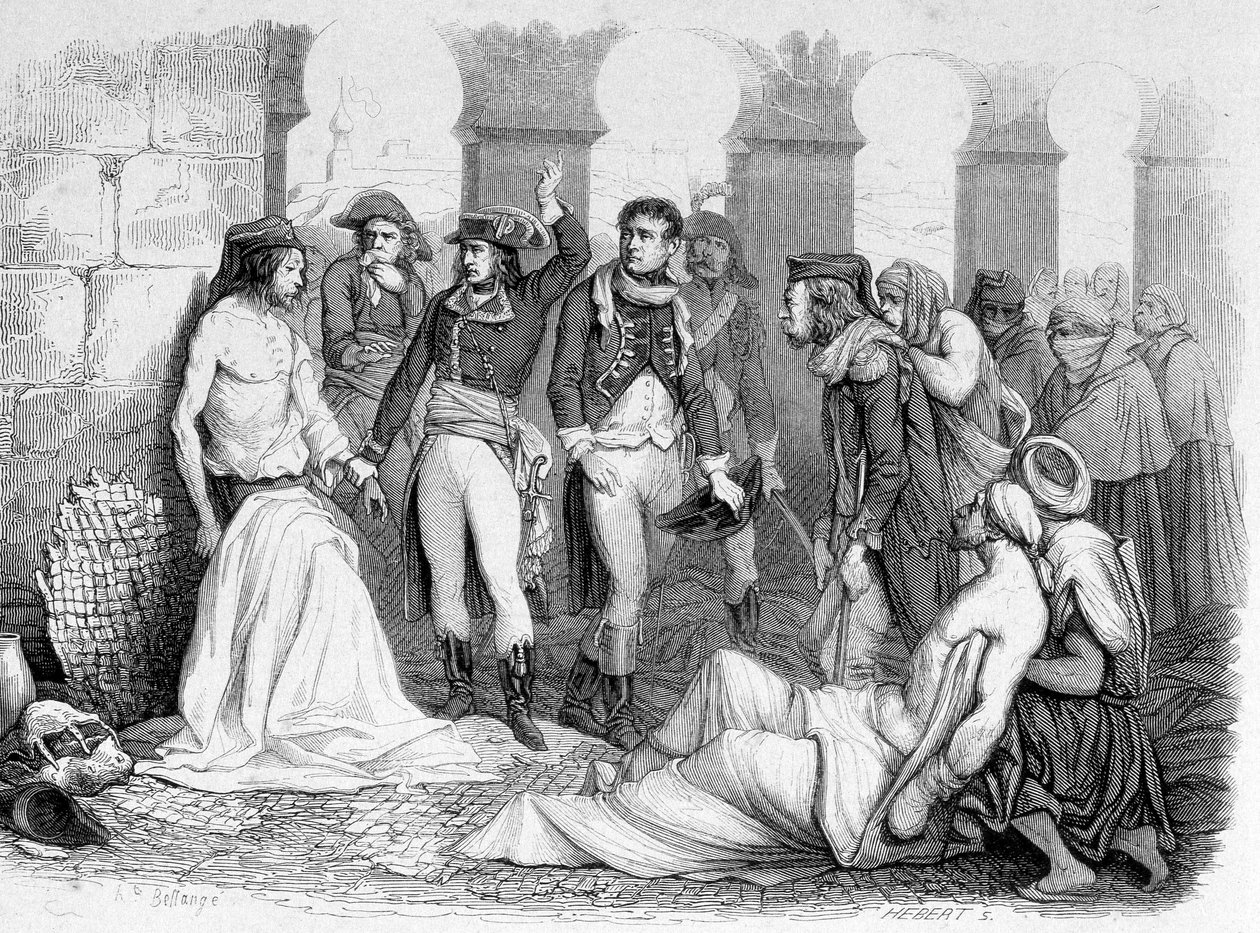 Kampagne (Ekspedition) af Egypten (1798-1801): General Bonaparte besøger pestiferhospitalet i Jaffa, Egypten. Gravering 1800-tallet. af Unknown artist