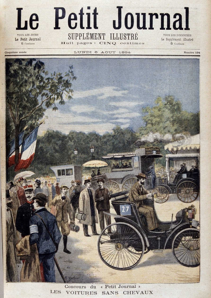 Biler uden heste, første bil Panhard Levassor - cover. "" Le Petite Journal"" af 6. august af Unknown artist