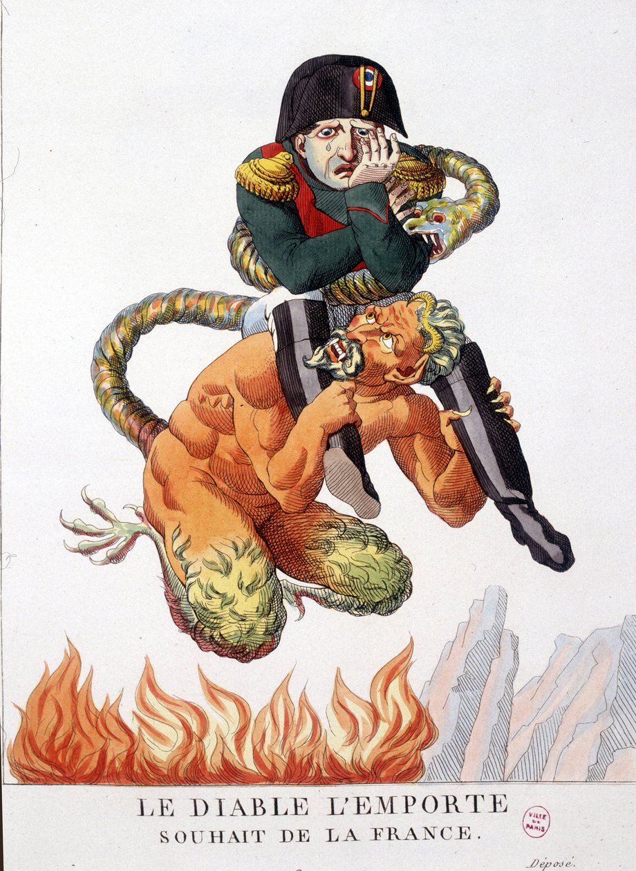 Tegneserie om Napoleon Bonaparte båret af djævelen: Må djævelen sejre Frankrigs ønske - i "" Napoleon I, karikaturer, dummysamling"". 1814 - 1815. B.H.V.P. af Unknown artist