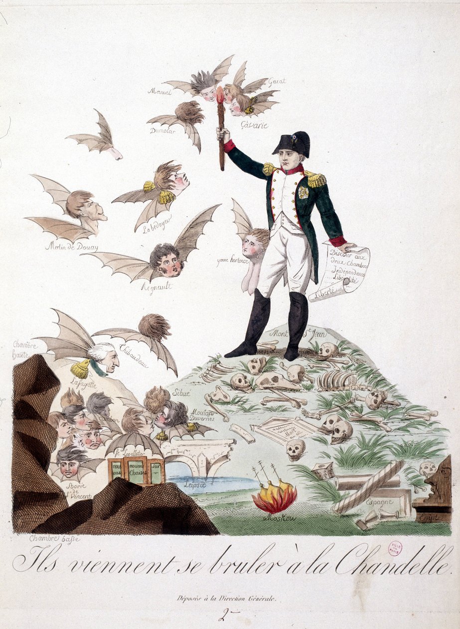 Tegneserie om Napoleon I afbildet på en bakke dækket med skelet og holdt et lys, der brænder karaktererne af karakterer (Merlin de Douai, Regnault ...) repræsenteret i flagermus. - I Napoleon I, karikaturer, Dummy Collection. 1814 - 1815. B.H.V.P. af Unknown artist
